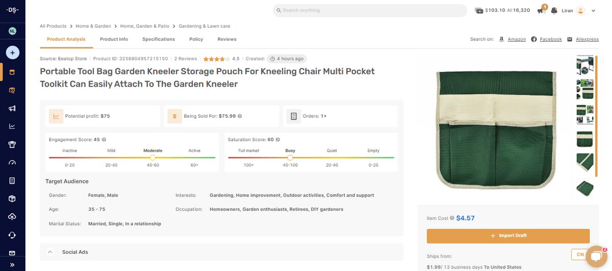 AutoDS Listing for a tool bag garden