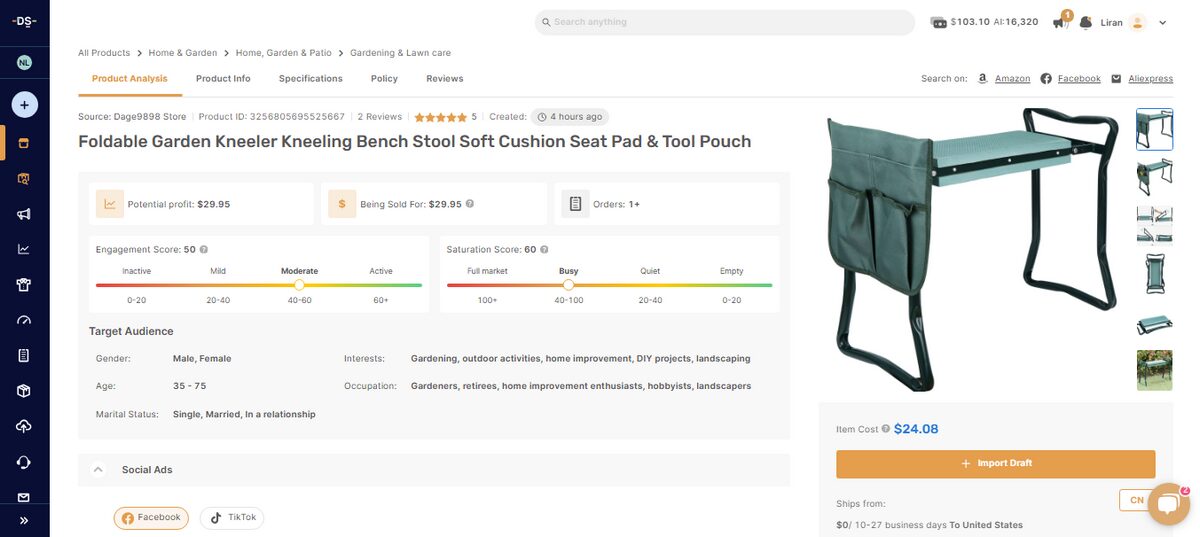 AutoDS listing for a Foldable Garden Kneeler