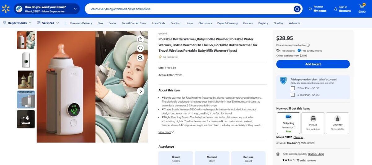 Walmart listing for a portable bottle warmer