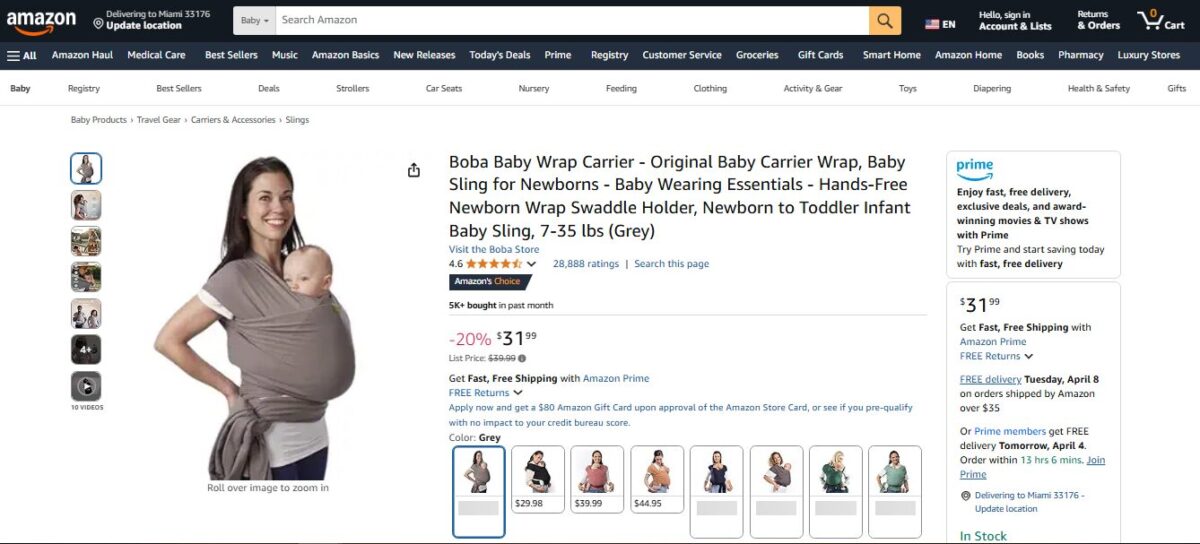 Amazon listing for baby carrier