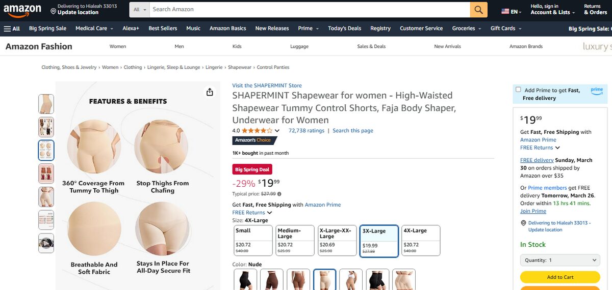 Amazon listing for shapewear