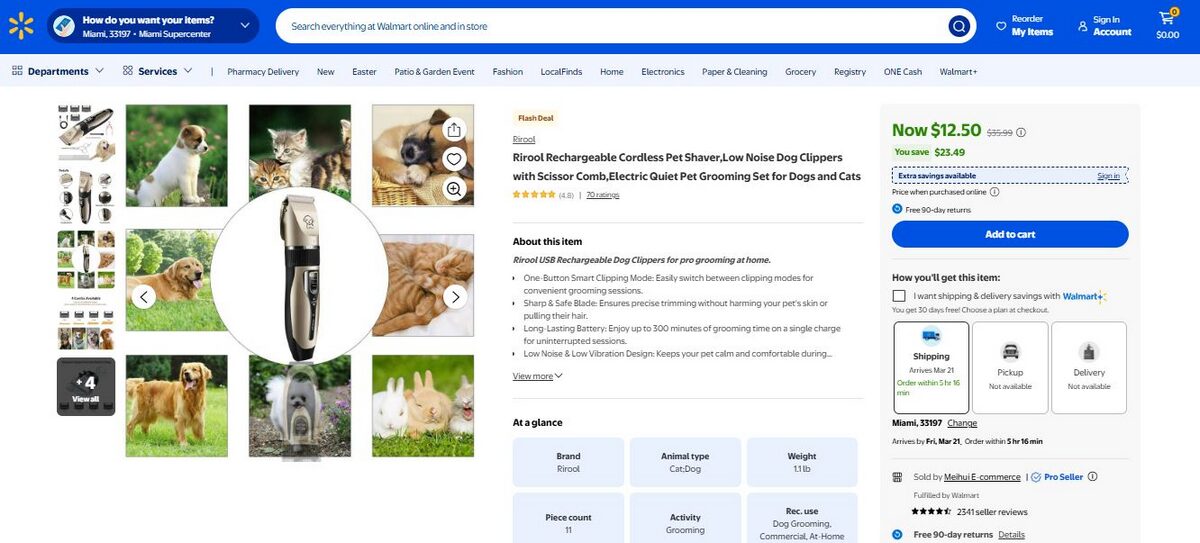Walmart Listing For a Pet Grooming Clipper