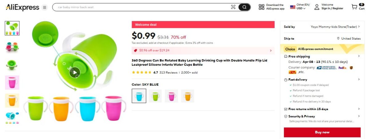 AliExpress Listing for non spill cups