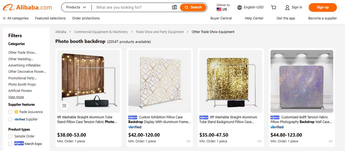 AliBaba listings for Photo Booth Backdrops