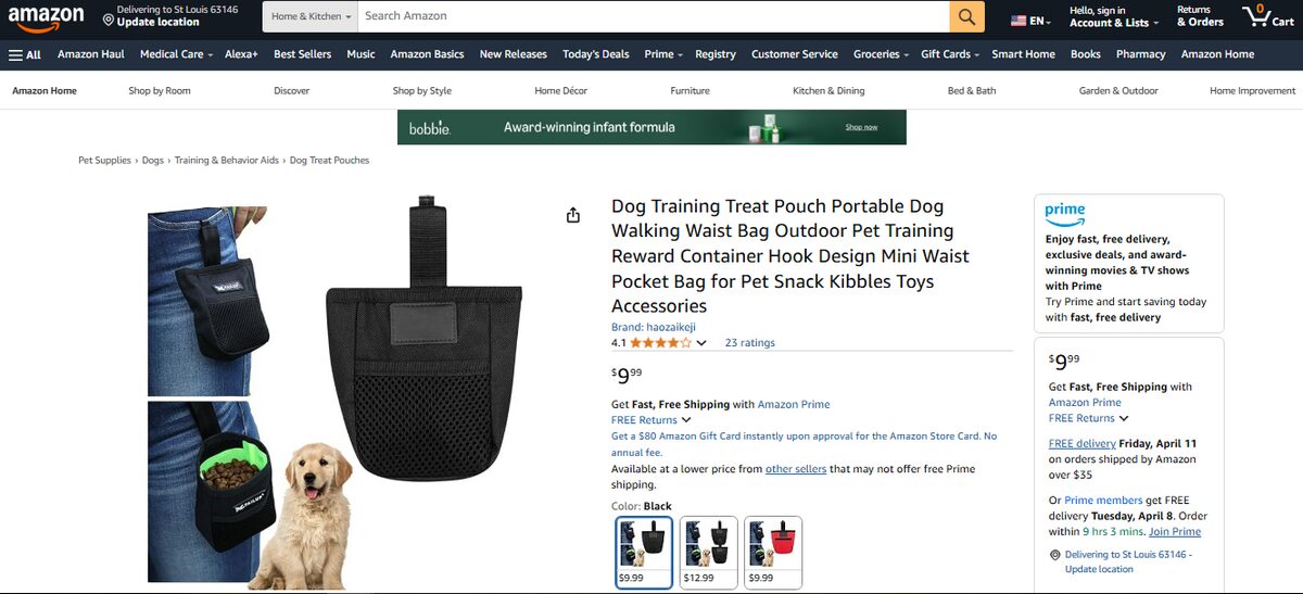 Amazon listing for dog treat training pouch