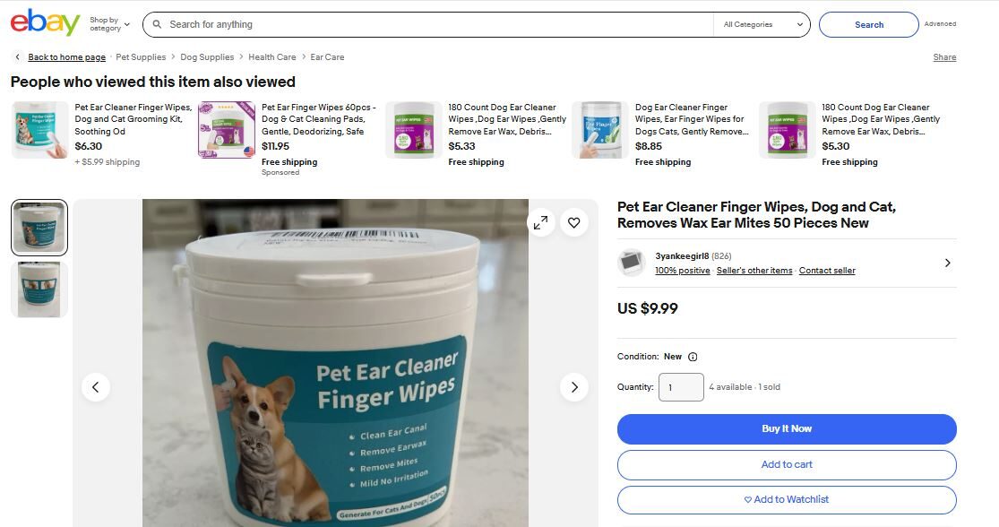 Ear Cleaning Wipes for Pets Listed on eBay