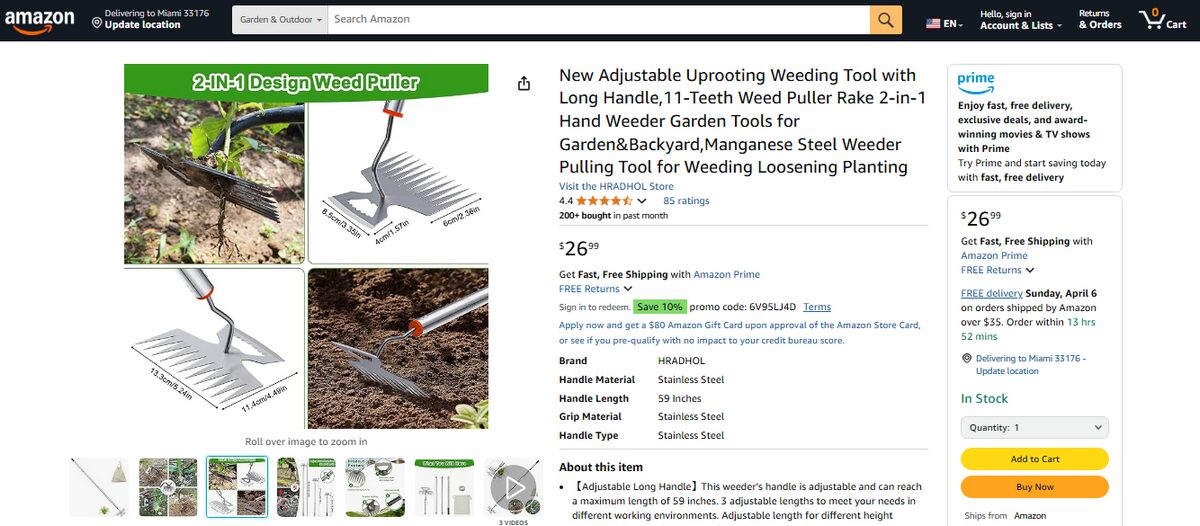 Amazon listing for an adjustable weeding tool