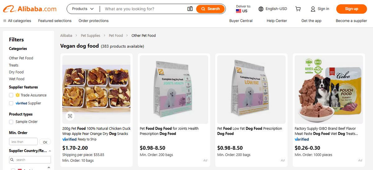 AliBaba listing for Vegan Dog Biscuits
