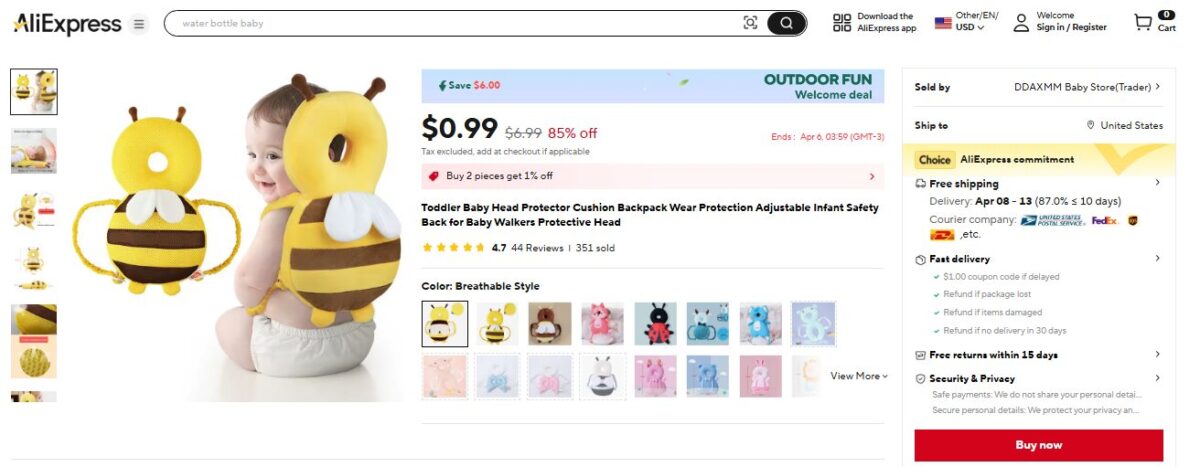 Baby bee backpack on AliExpress