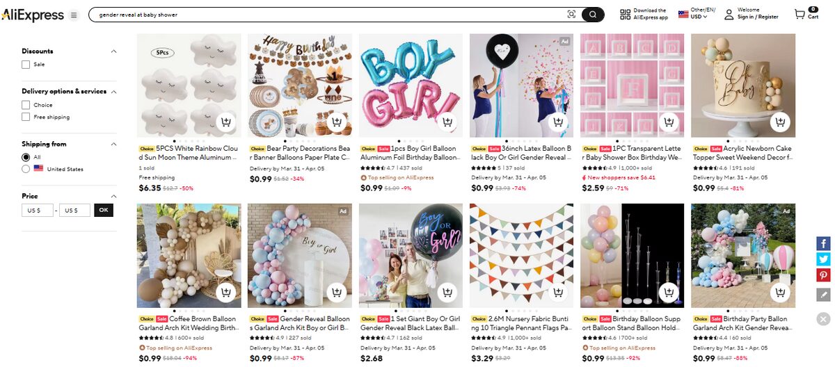 AliExpress listings for baby shower & Gender reveal decorations