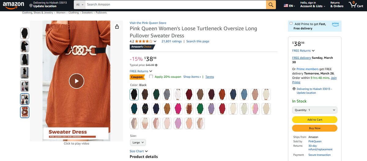 Amazon listing for oversized sweaters