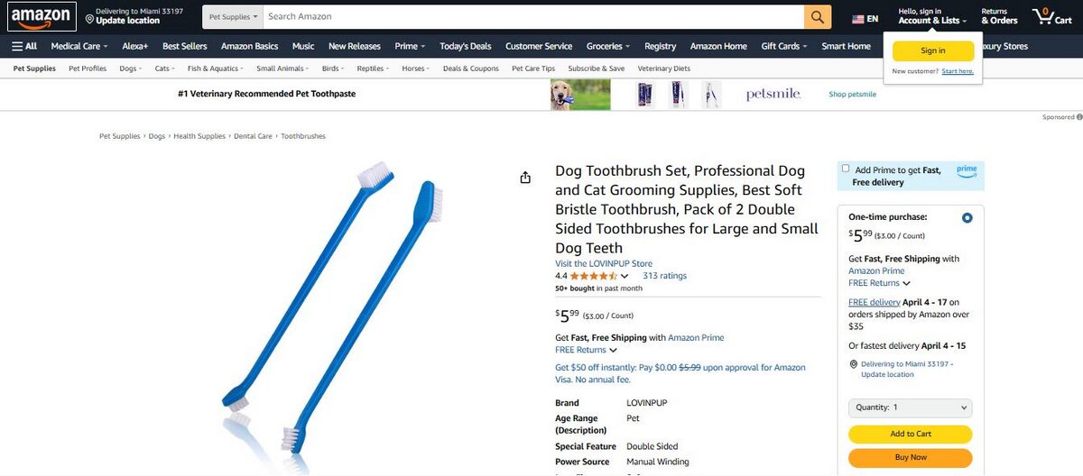 Pets Toothbrush on Amazon