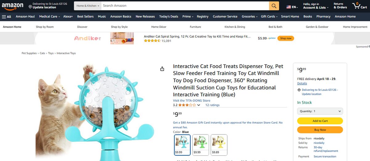 Amazon listing for interactive cat toy