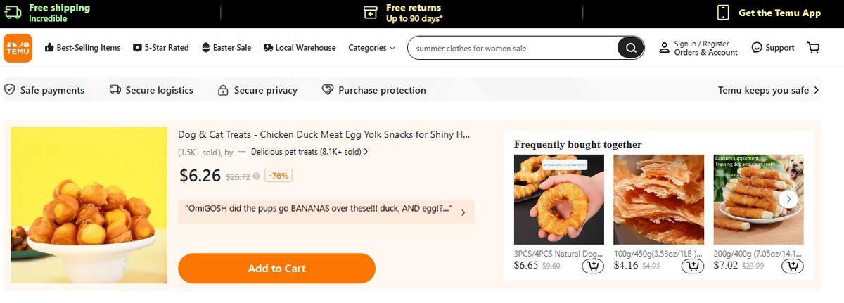 Temu listing for natural dog chews