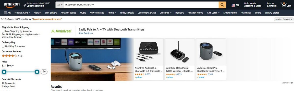 Amazon listing for Bluetooth Transmitters & Receivers