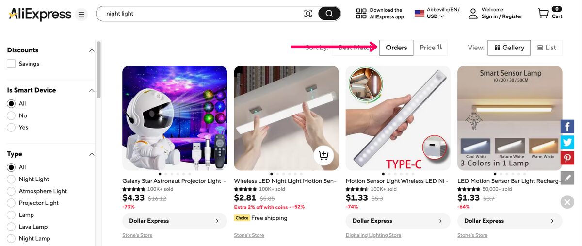 AliExpress Suppliers Filtering By Orders