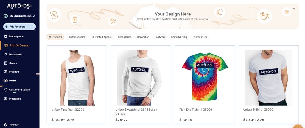 AutoDS POD dropship custom clothing