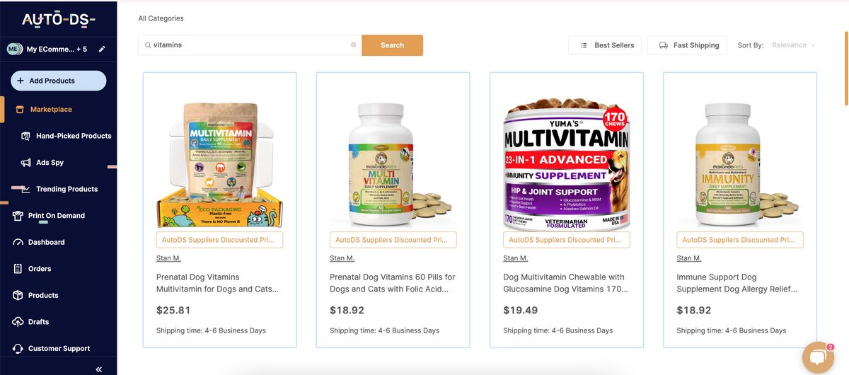 AutoDS Marketplace vitamin supplements for dropshipping