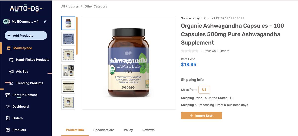Ashwagandha Capsules AutoDS Marketplace