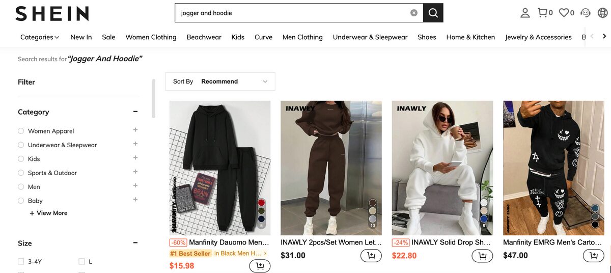 jogger and hoodies from Shein for dropshipping
