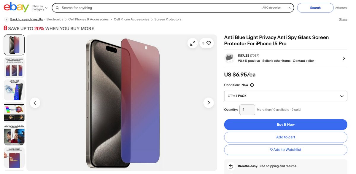 Privacy + Anti-Blue Light Hybrid Screen Protectors from Ebay