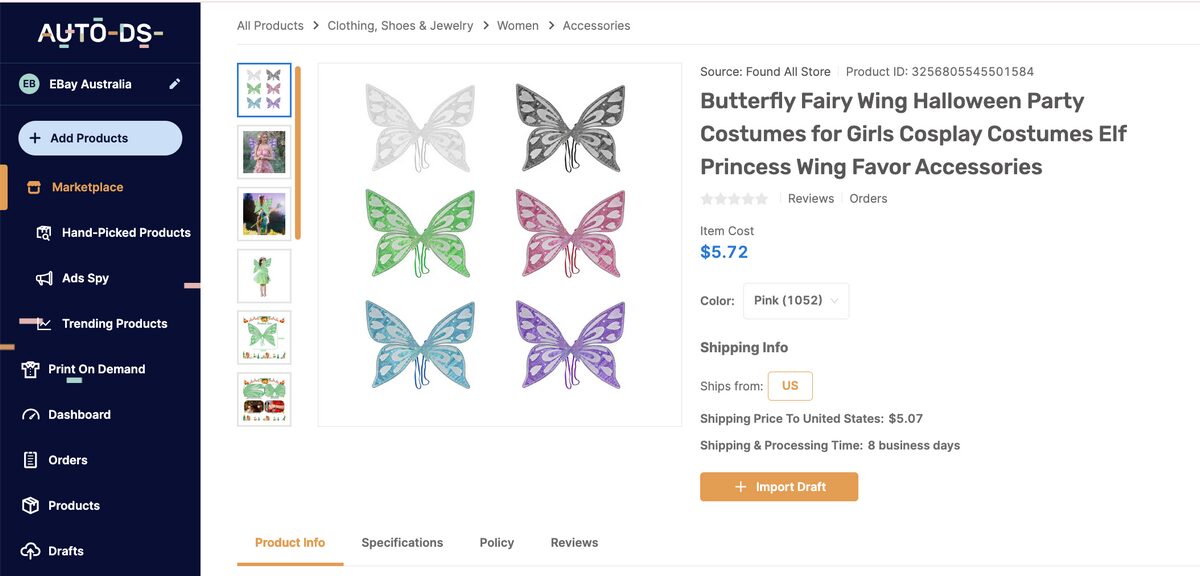 Costume accessories dropshipping AutoDS marketplace