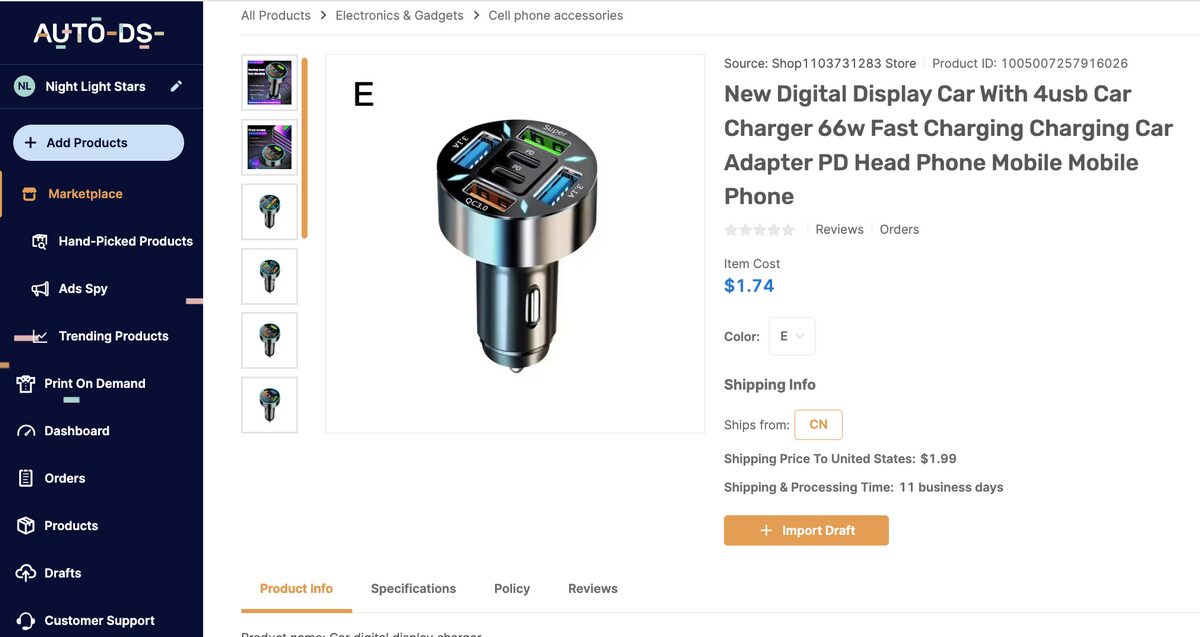 Fast-charging car adapters AutoDS dropshipping