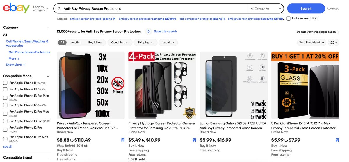 Anti-Spy Privacy Screen Protectors Dropshipping Ebay