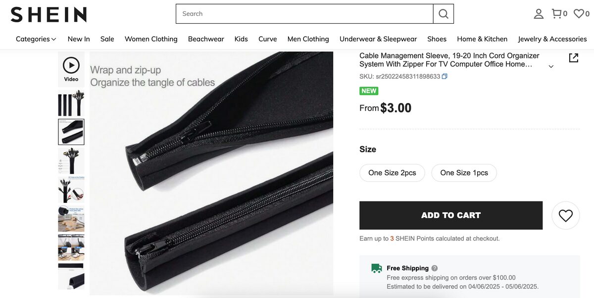 zipper cable sleeve shein dropshipping