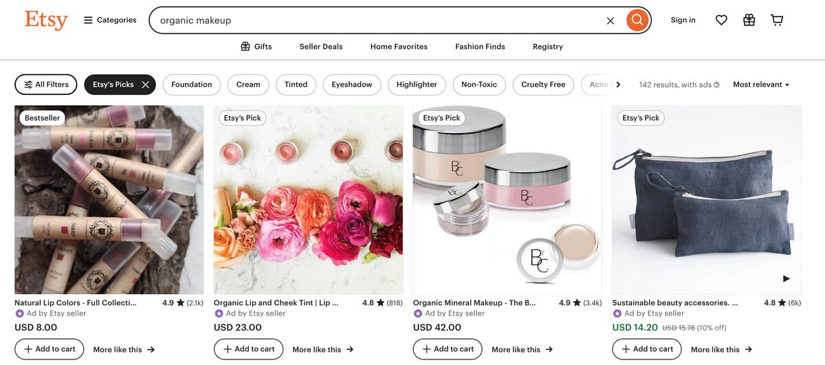 Etsy Organic Makeup Subniche