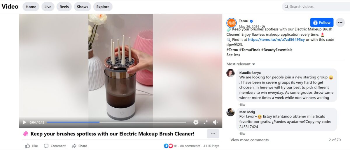 Electric makeup brush cleaner Facebook ad