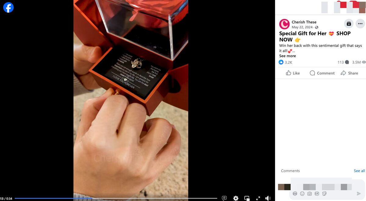 Facebook ad for jewelry box