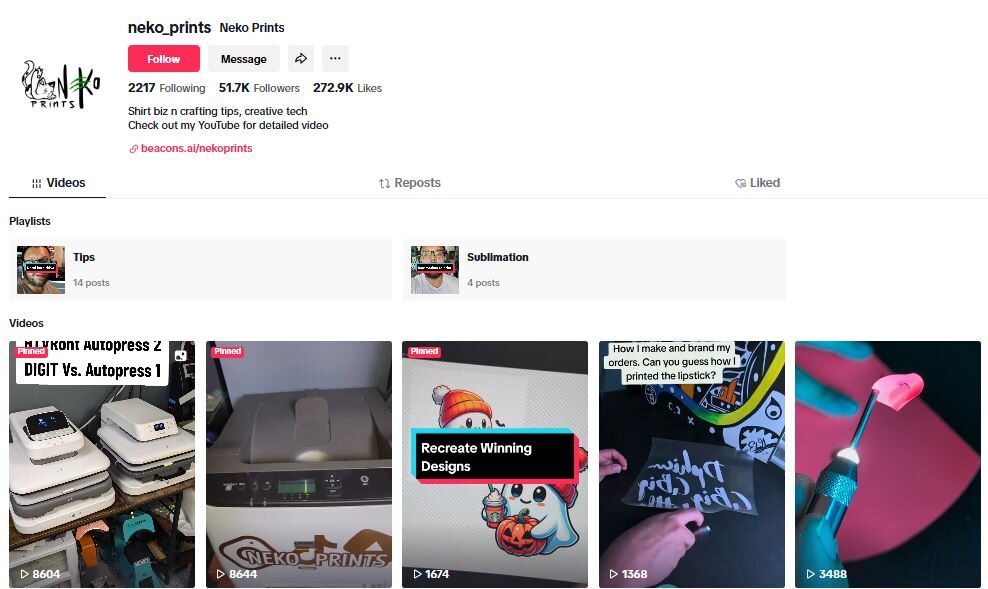 Neko Prints TikTok page