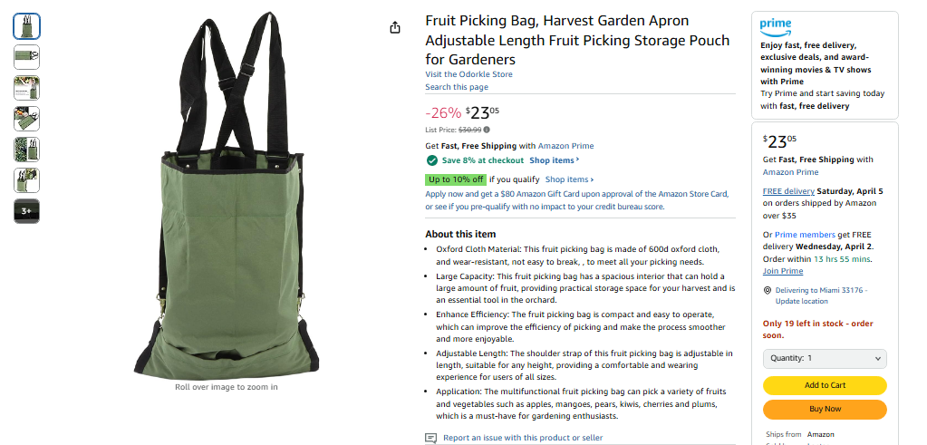 Amazon Listing for harvest picking bag
