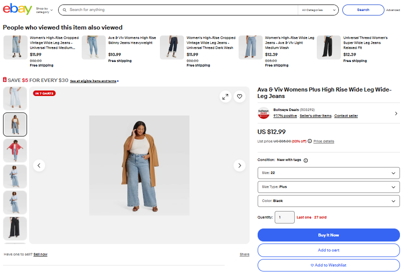 eBay listing for plus-size denim jeans