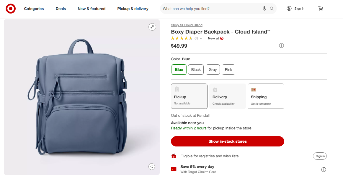 Target listing for diaper bags
