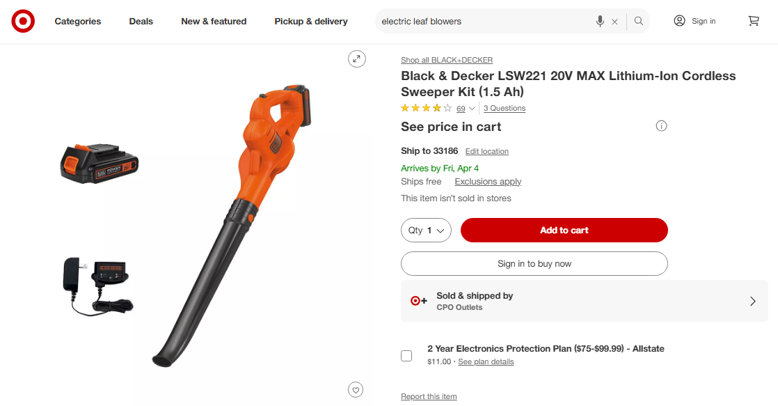 Target Listing for an electric air blower