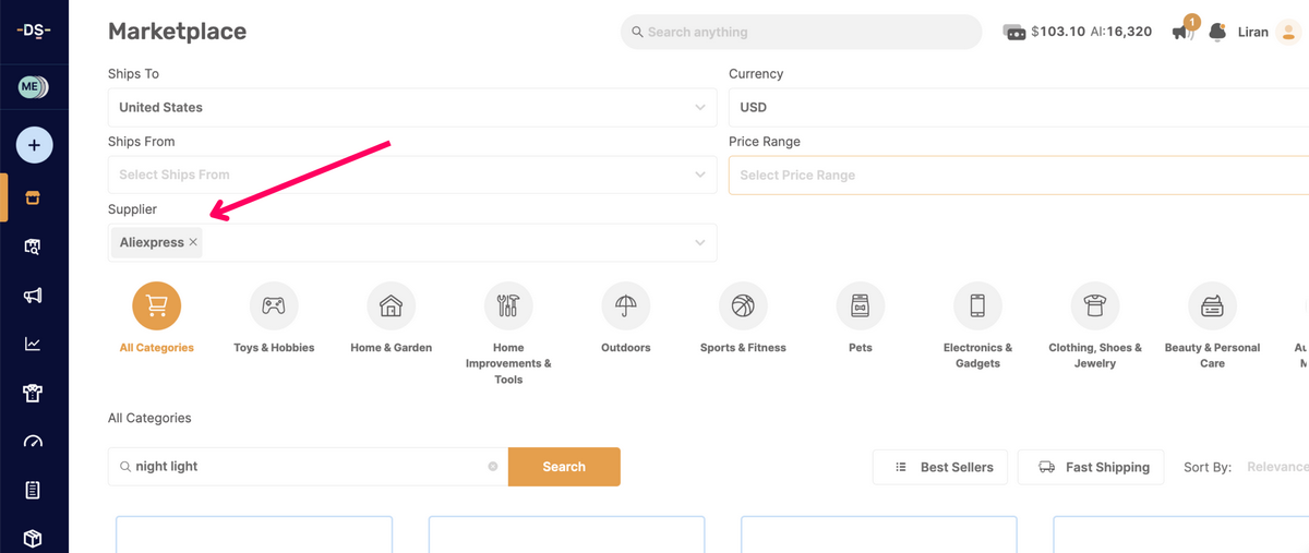 AutoDS Marketplace Filtering By AliExpress Suppliers