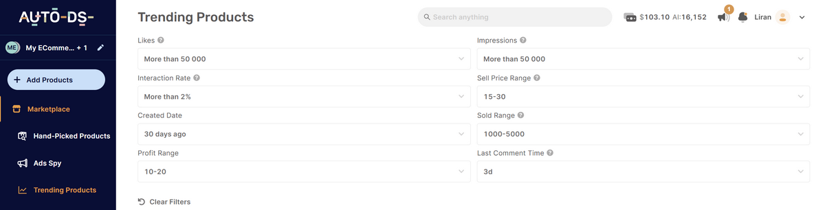 AutoDS Product Research Filters Dashboard