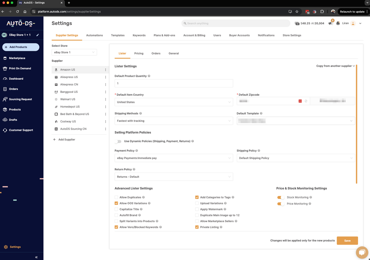AutoDS platform supplier monitoring overview