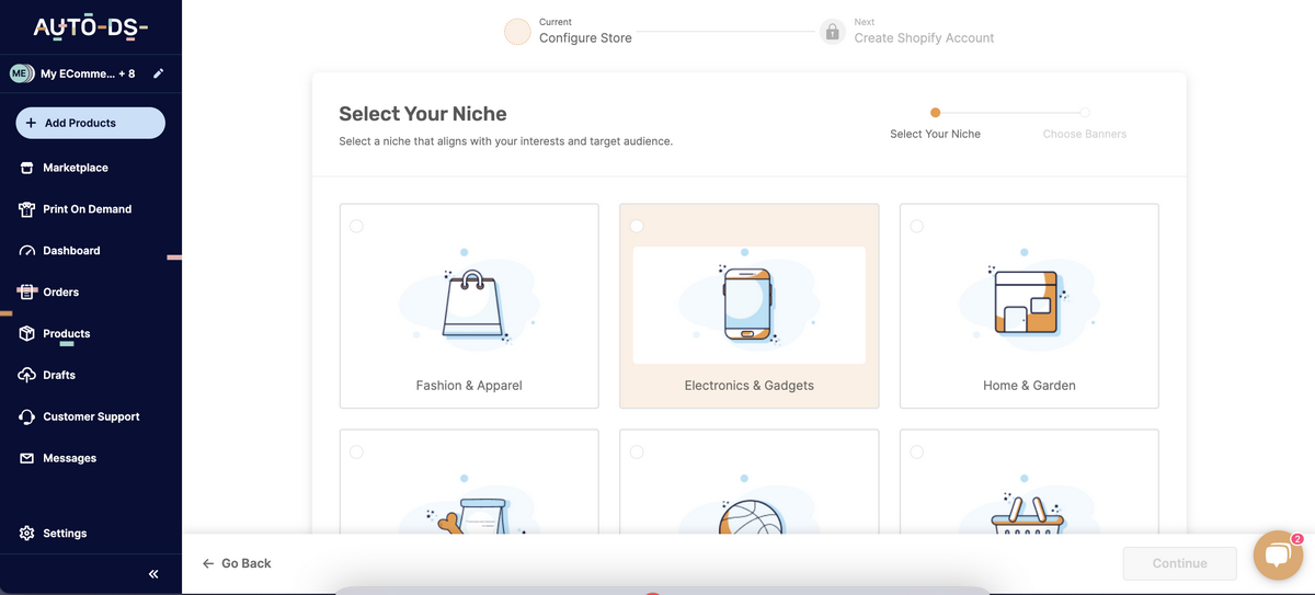 AutoDS AI Store Builder Electronic & Gadgets Niche Selection