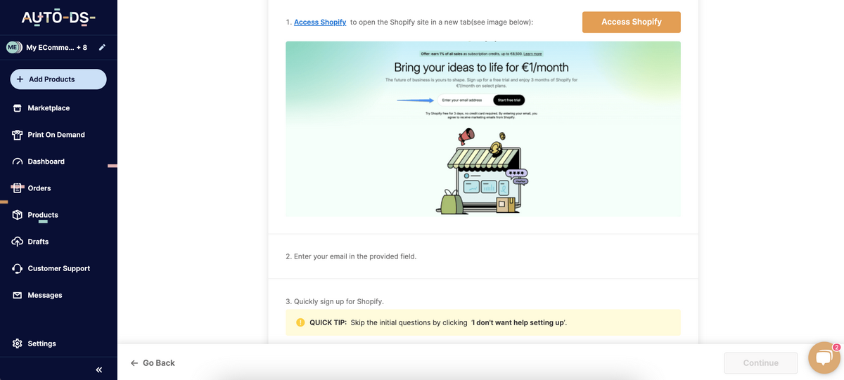 AutoDS AI Store Builder Shopify Access