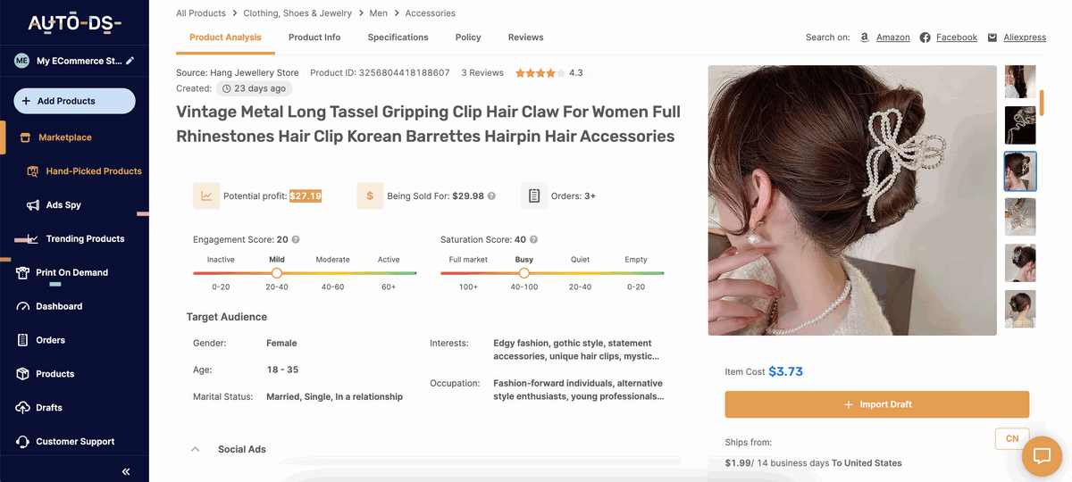 Rhinestones Hair Clip best items to dropship in january 2025