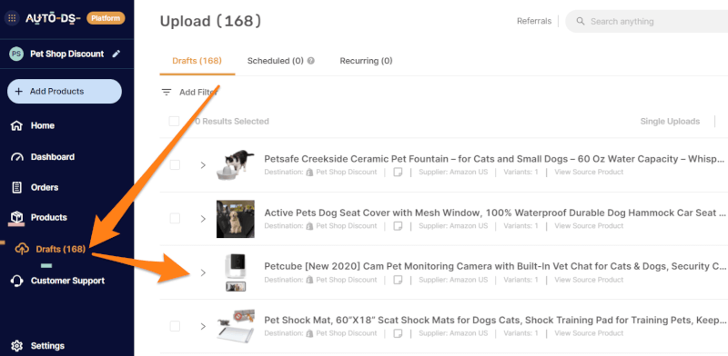 drafts of dropshipping items