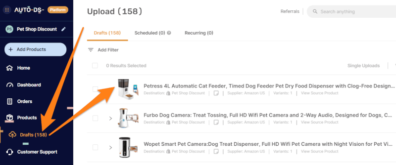 dropshipping items' drafts