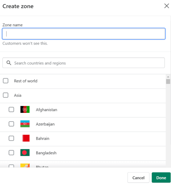 Create shipping zone Shopify