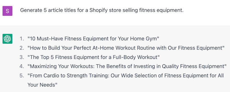 Generate blog article title for a Shopify store in ChatGPT