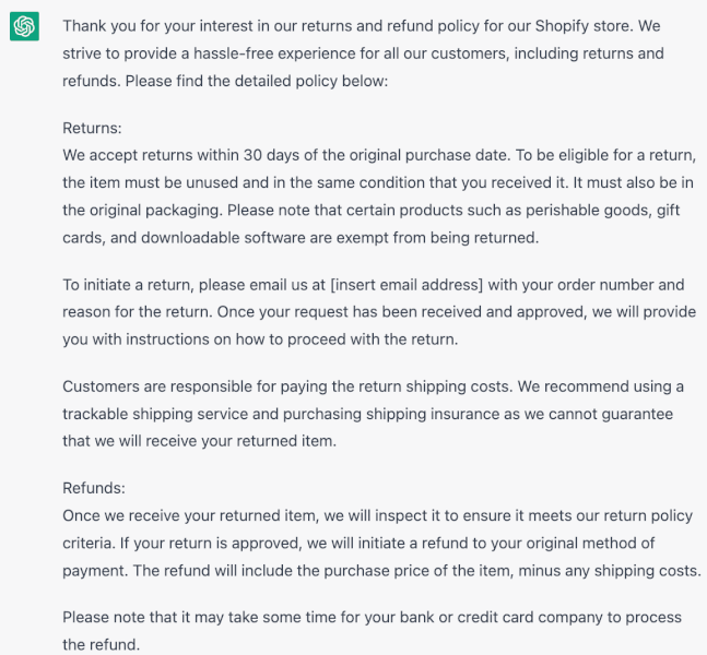 Generate store policies for Shopify store with ChatGPT