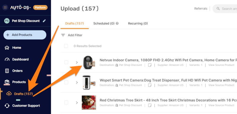 drafts of dropshipping products