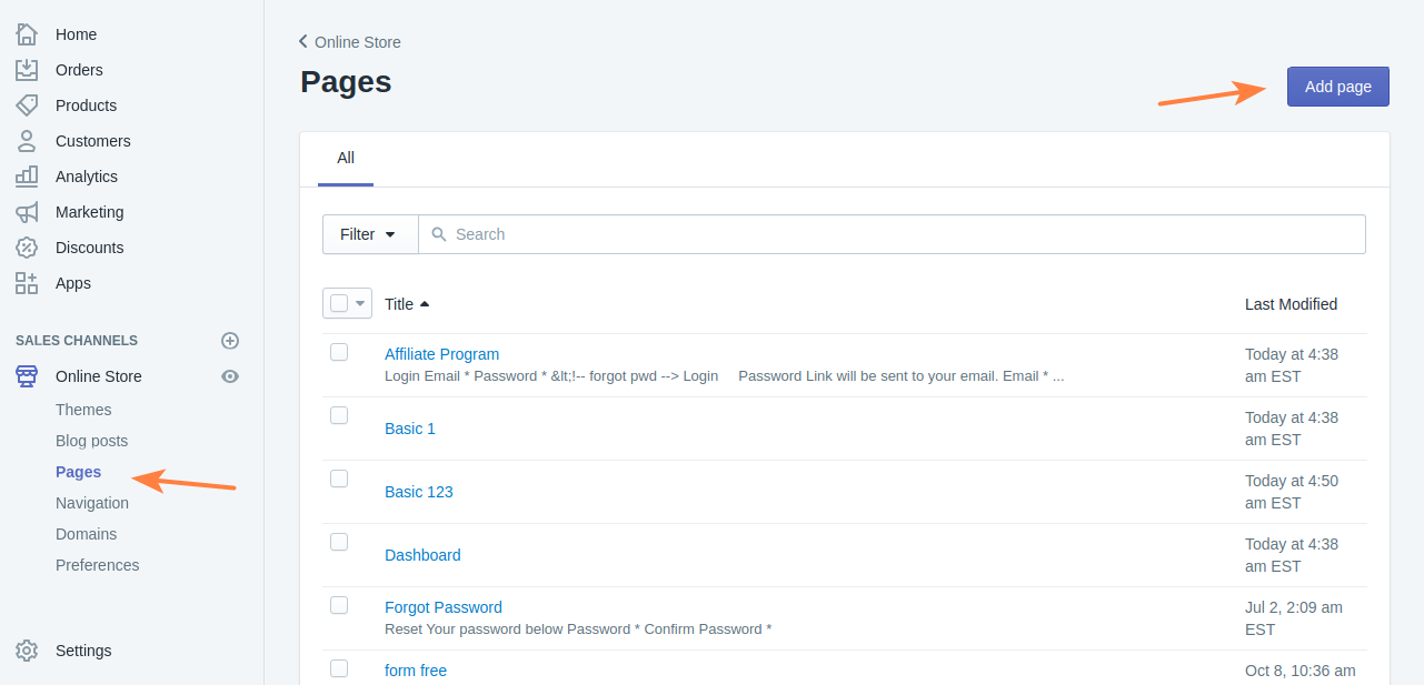 Shopify Store Pages Adding